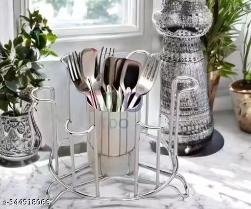TABEL TOP Stainless steel Glass holder with middles cutlery glass and 6 nos slot of Glass Nickle chrome plating on Glass stand , Straight shape Glass stand, Glass stand for dinning Tabel (Pack of 1)