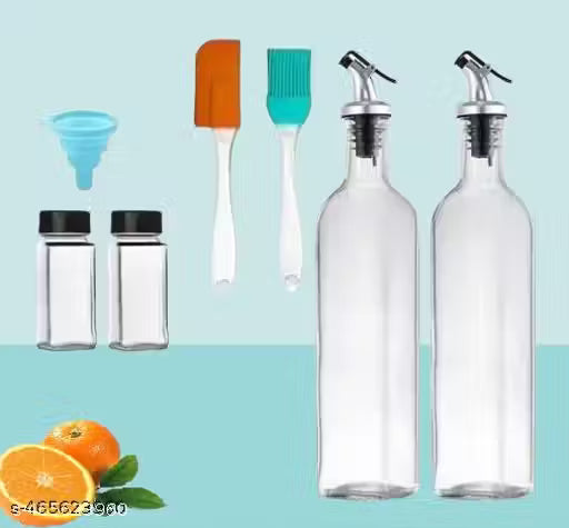 Oil Dispenser Bottle-2 and Square Glass Spice Jar -2, Folding Funnel with Spatula and Oil Brush-1 (Pack of 7)
