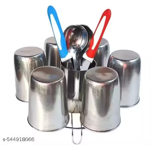 TABEL TOP Stainless steel Glass holder with middles cutlery glass and 6 nos slot of Glass Nickle chrome plating on Glass stand , Straight shape Glass stand, Glass stand for dinning Tabel (Pack of 1)