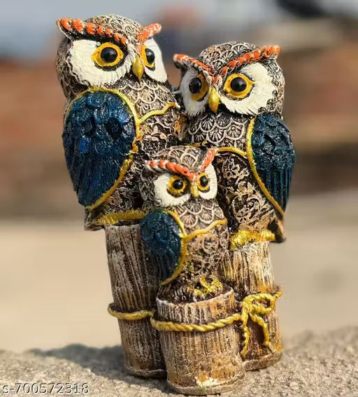 Glossy Blue Owl Family Figurine Couple Collectible Miniature Home Decor Beige Statue Shelf sitter Ornament Bird Sculpture Animal Gift (6 inch)