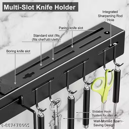 Kitchen Shelf Wall Mount Knife Holder,Towel Hanger, Spatula Ladle Hanging Hooks, Cutlery Holder Storage Rack High Grade Metal Multi-Purpose (44 x 4.5 x 8cm)