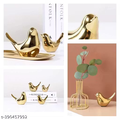 Ceramic Golden Blessing Birds Figurine for Home Decor | Living Room, Bedroom, Office Desk, Cabinets -(Pack of 2 Pcs Bird),