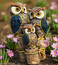 Glossy Blue Owl Family Figurine Couple Collectible Miniature Home Decor Beige Statue Shelf sitter Ornament Bird Sculpture Animal Gift (6 inch)