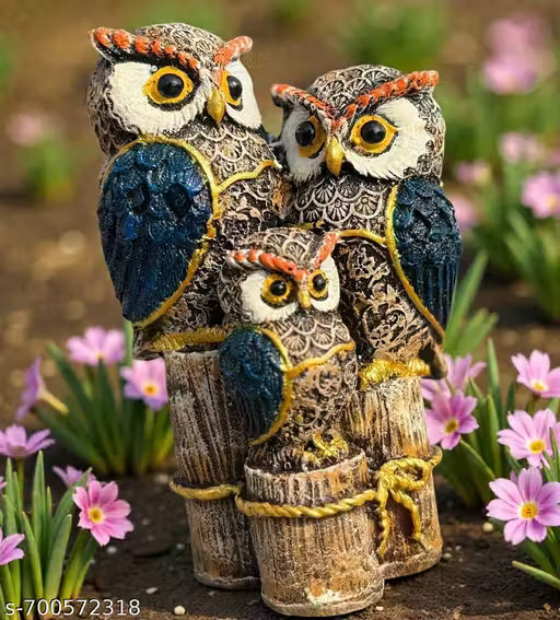 Glossy Blue Owl Family Figurine Couple Collectible Miniature Home Decor Beige Statue Shelf sitter Ornament Bird Sculpture Animal Gift (6 inch)