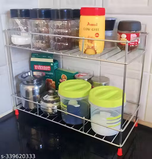 SMART HOMES Multipurpose Storage Organizer Stainless Steel 2 Layer Storage Organizer Rack for Kitchen Standing Rack Shelf Storage Holder Kitchen Rack/Spice Shelf/Kitchen Racks/Pantry Storage Organizer/Spice Rack Set for Kitchen/(Silver-Chrome)