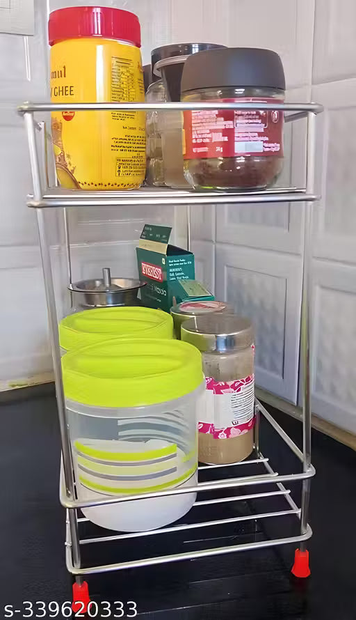 SMART HOMES Multipurpose Storage Organizer Stainless Steel 2 Layer Storage Organizer Rack for Kitchen Standing Rack Shelf Storage Holder Kitchen Rack/Spice Shelf/Kitchen Racks/Pantry Storage Organizer/Spice Rack Set for Kitchen/(Silver-Chrome)