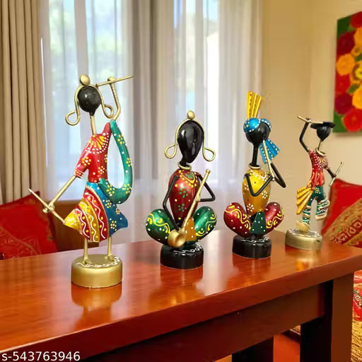 Set of 4 Colorful Tribal Musician Figurines | 6 Inch Metal Handcrafted Rajasthani Dancers & Musicians | Traditional Indian Home Décor Showpiece | Table Decor, Gift Item, Festival Return Gifts