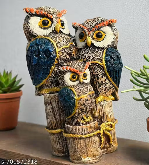 Glossy Blue Owl Family Figurine Couple Collectible Miniature Home Decor Beige Statue Shelf sitter Ornament Bird Sculpture Animal Gift (6 inch)