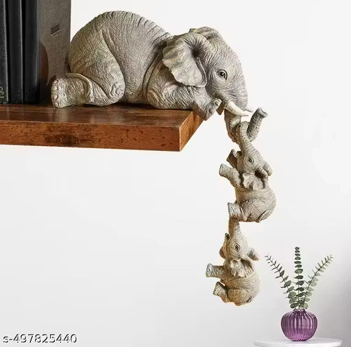 Beautiful Elephant Sitter Figurines, Elephant Mothers Hanging Two Babies Statue Hanging Off The Edge of a Shelf or Table, Hand-Painted Resin Collections Figurines for Mother's Day