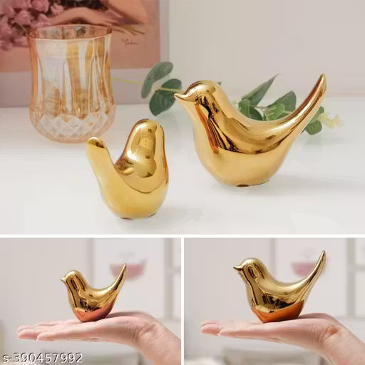 Ceramic Golden Blessing Birds Figurine for Home Decor | Living Room, Bedroom, Office Desk, Cabinets -(Pack of 2 Pcs Bird),