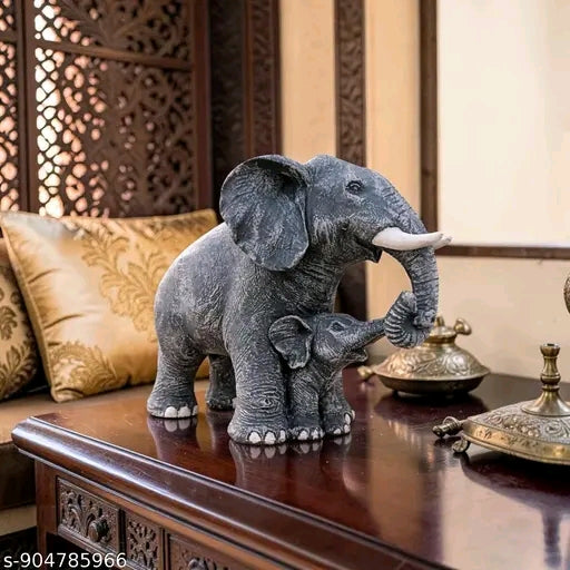 Decorative Elephant Mother and Calf Figurine – Antique Grey Resin Statue for Home Decor, Office Desk, and Gifting