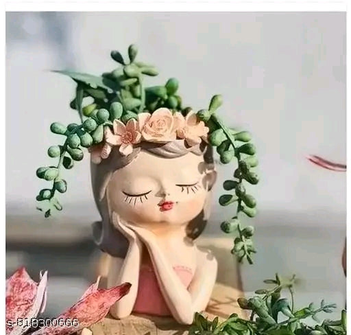 Cute Girl Face Planter with Artificial Plant | Decorative Succulent Flower Pot | Resin Face Pot for Home Decor, Desk & Gift Item face planter pot cute girl planter