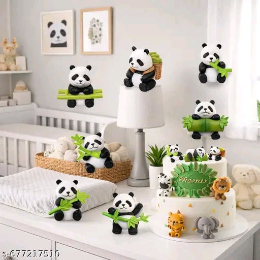 8 Pcs Mini Panda Figurine, Cute Resin Panda Statue, Pandas Cake Topper Decor, DIY Miniature Landscape, Little Bears with Bamboo, Birthday Party Cake Decorations Collection Supplies
