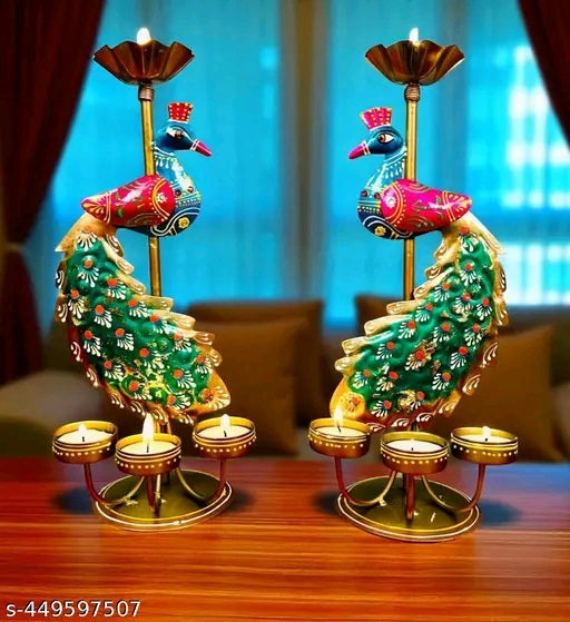 Elegant Rajasthani Peacock Tea Light Stand – Home & Pooja Decor