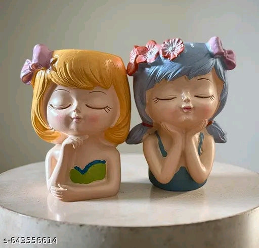 Set Of 2 Cute Head Girl Face Planter Pot Resin Succulent Planter Little Girl Flower Pot, Human Face Cactus Plants Container Bonsai Holder Thumb Pot Fairy Figurine Statue Planters (Brown+grey)