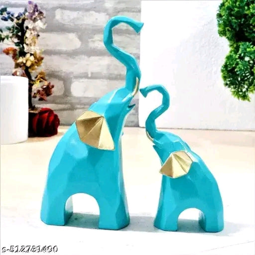 Blue Elephant and Baby Set Polyresin Geometric Piece Statue and Artifacts for Home Decor, Living Room, Wall Decoration Polyresin Showpiece for Gifting Interiors ( Blue Elephant Set of 2)