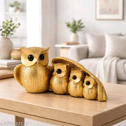 Lucky Charm Vastu Friendly Luxury Gold Owl Figurine Set Decorative Showpiece for Console Table Shelf Office Decor | Decorative Idol for Living Room Bedroom Office Decoration , Home Decor Gift Item