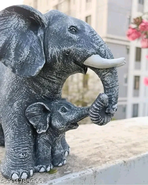 Decorative Elephant Mother and Calf Figurine – Antique Grey Resin Statue for Home Decor, Office Desk, and Gifting