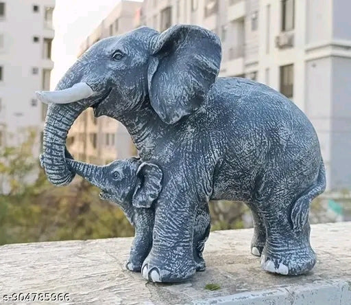 Decorative Elephant Mother and Calf Figurine – Antique Grey Resin Statue for Home Decor, Office Desk, and Gifting