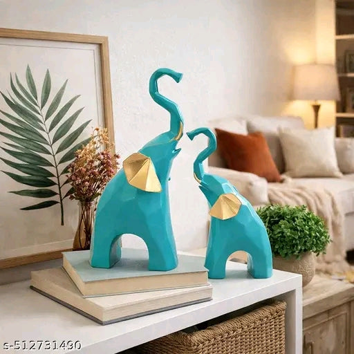 Blue Elephant and Baby Set Polyresin Geometric Piece Statue and Artifacts for Home Decor, Living Room, Wall Decoration Polyresin Showpiece for Gifting Interiors ( Blue Elephant Set of 2)