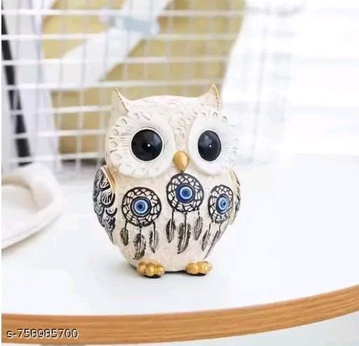 PICKARTME Owl Figurine with Blue Evil Eye.Big Eyes Cute Owl Statue (Cream Color)