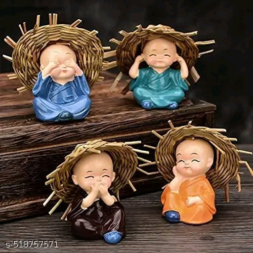 Set of 4 Baby Hat Monk Buddha Idols Showpiece for Car Dashboard /Home Décor Decoration & Gifting Purpose