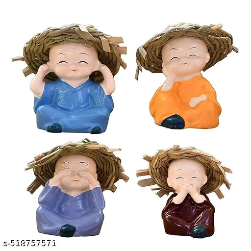 Set of 4 Baby Hat Monk Buddha Idols Showpiece for Car Dashboard /Home Décor Decoration & Gifting Purpose