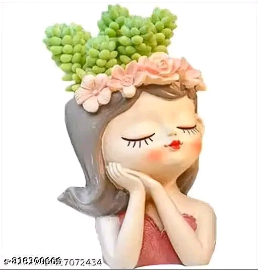 Cute Girl Face Planter with Artificial Plant | Decorative Succulent Flower Pot | Resin Face Pot for Home Decor, Desk & Gift Item face planter pot cute girl planter