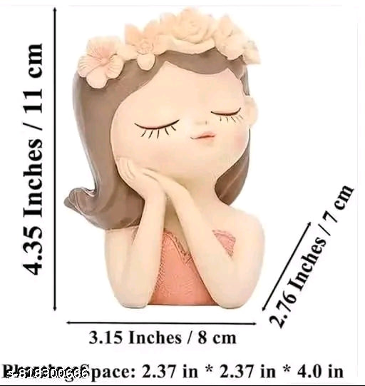 Cute Girl Face Planter with Artificial Plant | Decorative Succulent Flower Pot | Resin Face Pot for Home Decor, Desk & Gift Item face planter pot cute girl planter