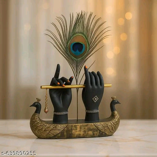 MARINERS CREATION Krishna Ji Hand with Flute Figurine | 24K Gold Plated Lord Krishna Hand with White Resin Base | Classical Decorative Piece for Home Décor, Wedding & Corporate Gifting SIZE-23X6X15 CM