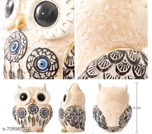 PICKARTME Owl Figurine with Blue Evil Eye.Big Eyes Cute Owl Statue (Cream Color)
