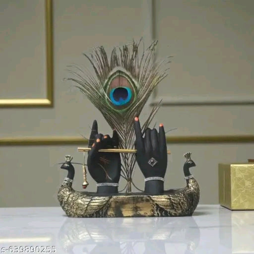 MARINERS CREATION Krishna Ji Hand with Flute Figurine | 24K Gold Plated Lord Krishna Hand with White Resin Base | Classical Decorative Piece for Home Décor, Wedding & Corporate Gifting SIZE-23X6X15 CM