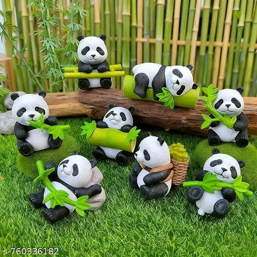 8 Pcs Mini Panda Figurine, Cute Resin Panda Statue, Pandas Cake Topper Decor, DIY Miniature Landscape, Little Bears with Bamboo, Birthday Party Cake Decorations Collection Supplies