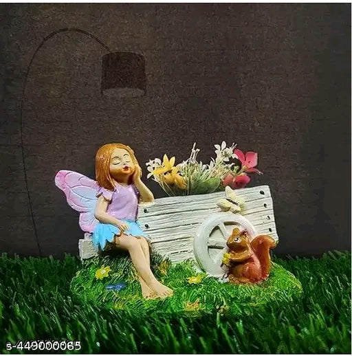 Cart Girl Cute Angel Girl Butterfly Girl Handicraft Pottery Lucky Pots Planter Showpiece for Succulent and Flower (Multi Color, 12 x 9 x 9 cm