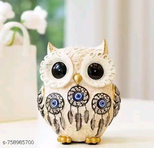 PICKARTME Owl Figurine with Blue Evil Eye.Big Eyes Cute Owl Statue (Cream Color)