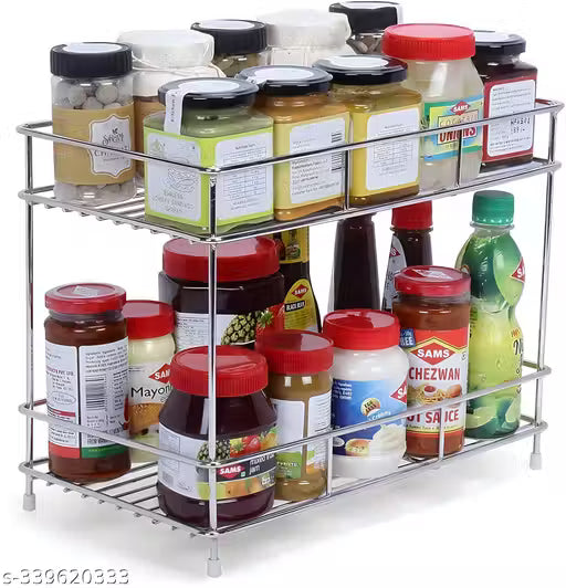 SMART HOMES Multipurpose Storage Organizer Stainless Steel 2 Layer Storage Organizer Rack for Kitchen Standing Rack Shelf Storage Holder Kitchen Rack/Spice Shelf/Kitchen Racks/Pantry Storage Organizer/Spice Rack Set for Kitchen/(Silver-Chrome)