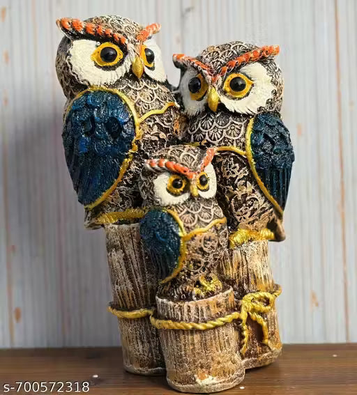Glossy Blue Owl Family Figurine Couple Collectible Miniature Home Decor Beige Statue Shelf sitter Ornament Bird Sculpture Animal Gift (6 inch)
